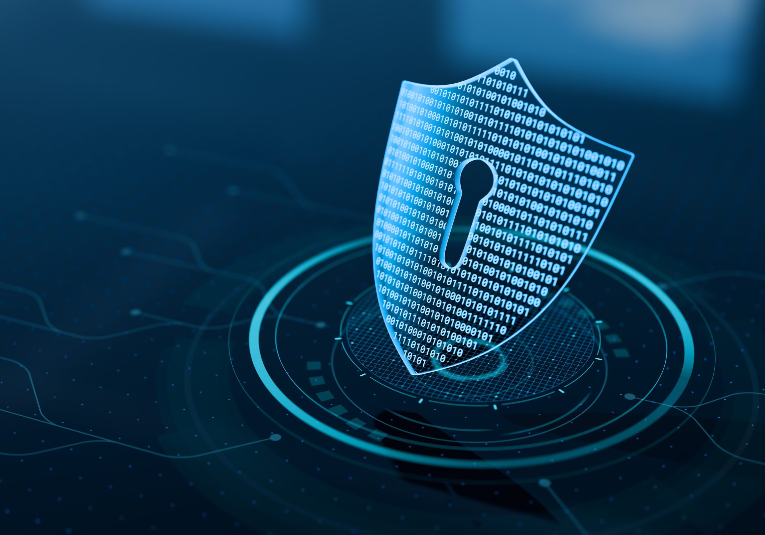 Digital shield with binary code and keyhole.
