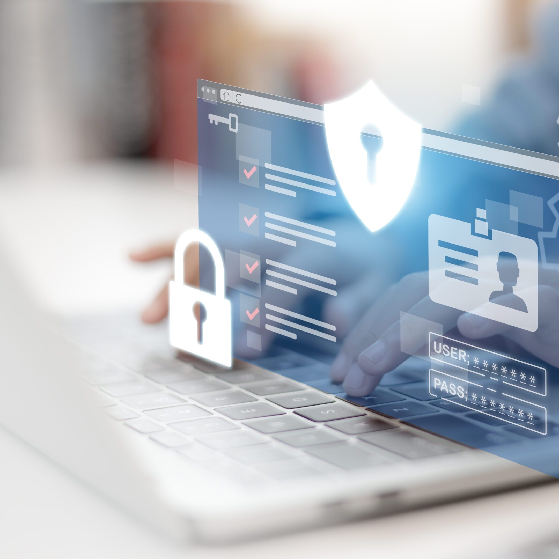 Laptop with digital security icons overlay.