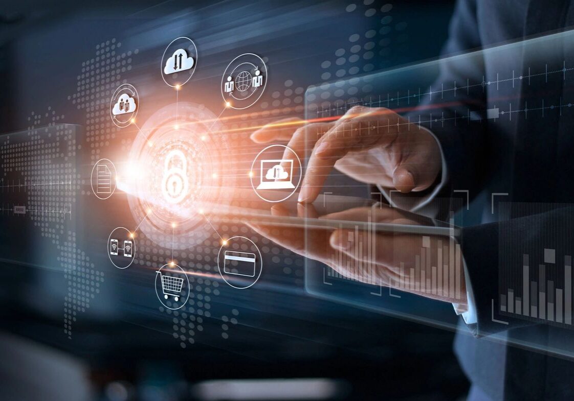 Hands interacting with digital interface icons.
